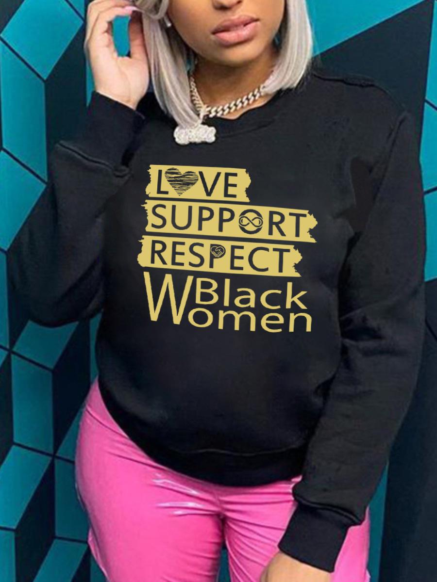 

LW Round Neck Letter Print Sweatshirt, Black