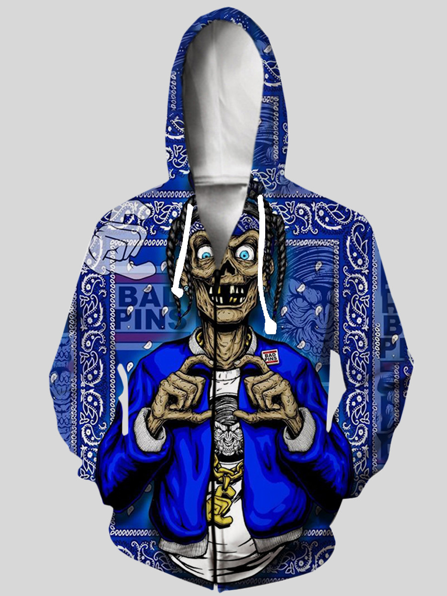 

LW Men Cartoon Print Pocket Hoodie, Blue