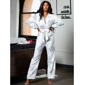 LW Casual Letter Printed White One-piece Jumpsuit