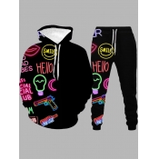LW Men Stylish Hooded Collar Print Black Two-piece