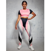 LW Round Neck Striped Patchwork Two Piece Pants Se