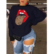 LW Plus Size Casual O Neck Lip Print Black Hoodie