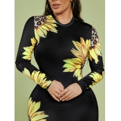 LW Round Neck Sunflower Print Bodycon Dress