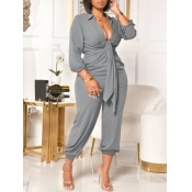 LW Plus Size Casual V Neck Tie Knot Grey Jumpsuit