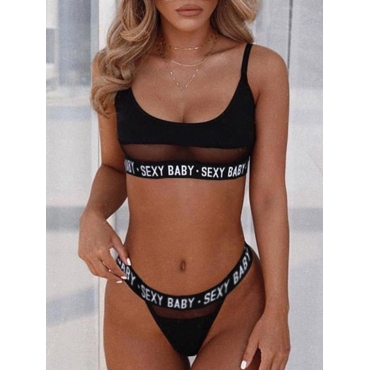

LW Letter Print See-through Bra Set, Black