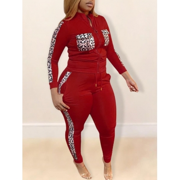 

LW Plus Size Sportswear Leopard Print Patchwork Wine Red Two-piece Pants Set