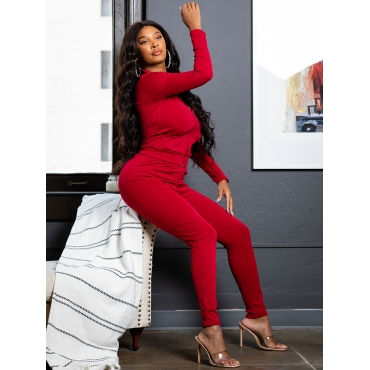 

LW Casual Turndown Collar Zipper Design Wine Red Two Piece Pants Set