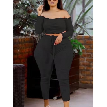 

LW Plus Size Off The Shoulder Crop Top Pants Set, Black