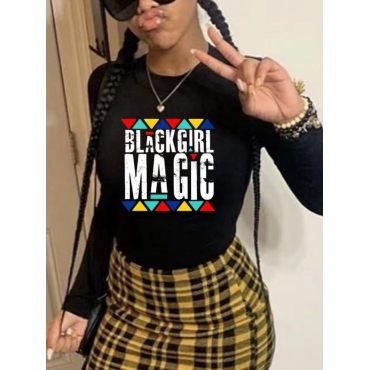 

LW Geometric Letter Print T-shirt, Black
