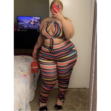 

LW Plus Size Sweet Backless Striped Bandage Design Multicolor Two-piece Pants Set, Multi