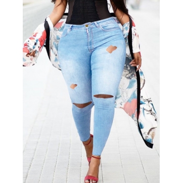

LW Plus Size Mid Waist Ripped Jeans, Baby blue