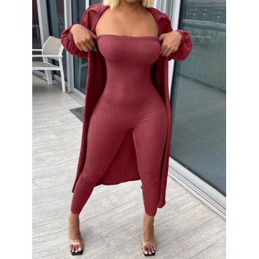 

LW Off The Shoulder Basic Skinny Jumpsuit Set (With Cardigon), Wine red