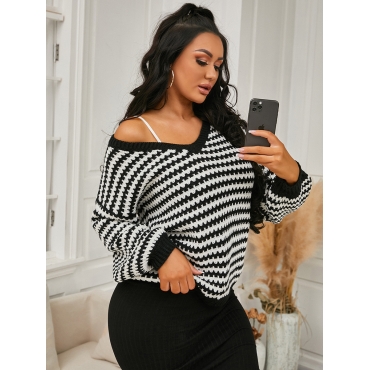 

LW COTTON V Neck Striped Sweaters, Black