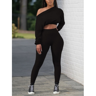 

LW BASICS Boat Neck Crop Top Pants Set, Black