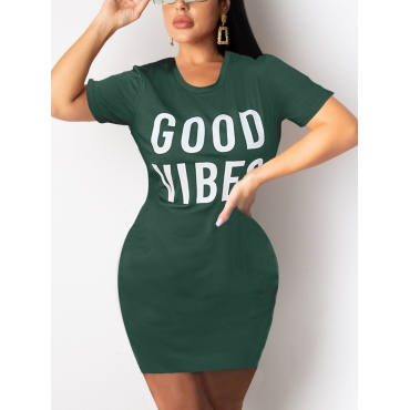 

LW BASICS Round Neck Letter Print Dress, Black green