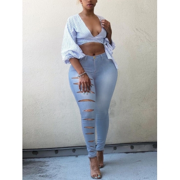 

LW Plus Size High Stretchy Ripped Basic Skinny Jeans, Baby blue