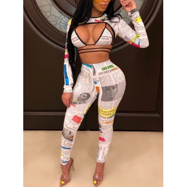 

LW SXY Newspaper Print Bandage Design Three Piece Pants Set, White