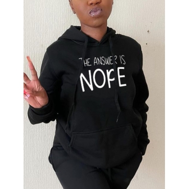 

LW Hooded Collar Letter Print Hoodie, Black