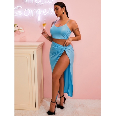 

LW SXY Spaghetti Strap High Split Two Piece Skirt Set, Baby blue