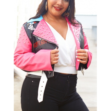 

LW Plus Size Letter Print Rivet Decoration Coat, Black