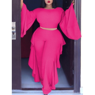 

LW Plus Size Wide Sleeve Flounce Design Pants Set, Pink