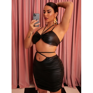 

LW SXY Backless Ruched Bandage Design Two Piece Skirt Set, Black