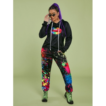 

LW Lip Print Splash-ink Design Pants Set, Black