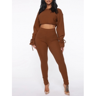 

LW Tie Sleeve Crop Top Pants Set, Coffee