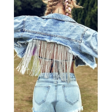 

LW Raw Edge Tassel Design Denim Jacket, Baby blue