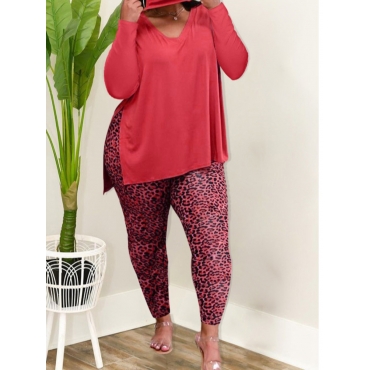 

LW Plus Size Leopard Print Slit Pants Set (Without Face Mask), Rose red