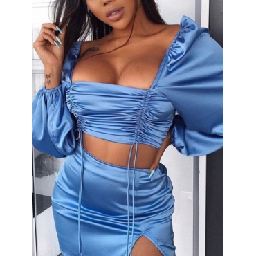 

LW SXY Ruched Drawstring Slit Skirt Set, Blue