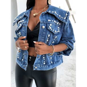 

LW Plus Size Pearl Decoration Denim Jacket, Deep blue