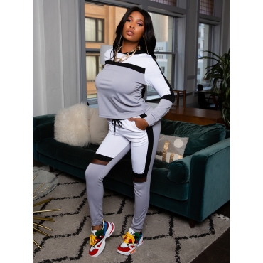 

LW Hooded Collar Patchwork Pants Set, Grey