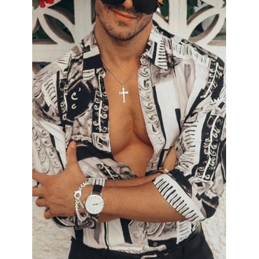 

LW Men Mixed Print Button Design Shirt, Black and white