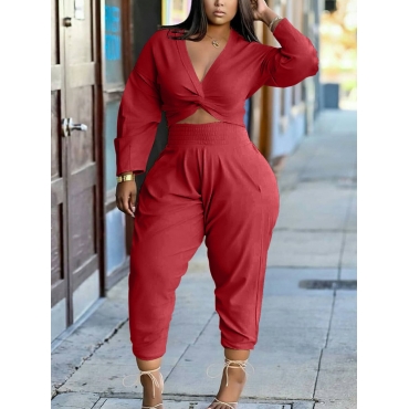 

LW Plus Size Twist Front High-waisted Pants Set, Red