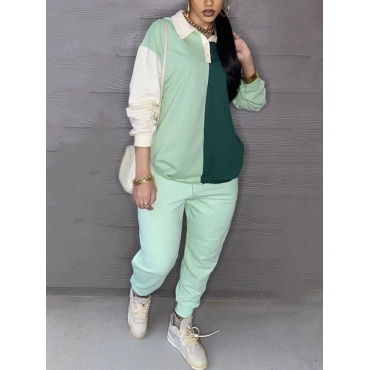 

LW Plus Size Color-lump Drawstring Pants Set, Green
