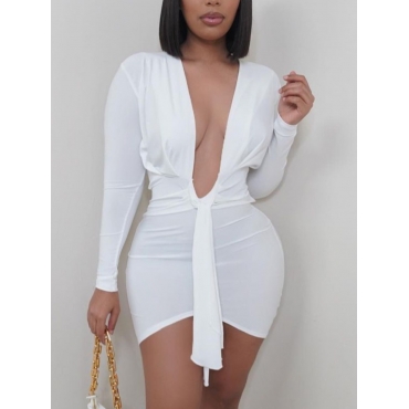 

LW SXY Plus Size Deep V Neck Bodycon Dress, Pure white