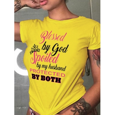 

LW Round Neck Letter Print T-shirt, Yellow