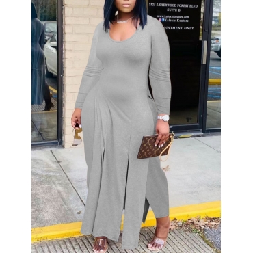

LW U Neck High Split Pants Set, Grey
