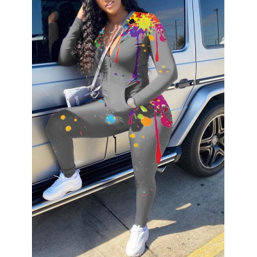 

LW Casual Graffiti Print Zipper Design Grey Two Piece Pants Set