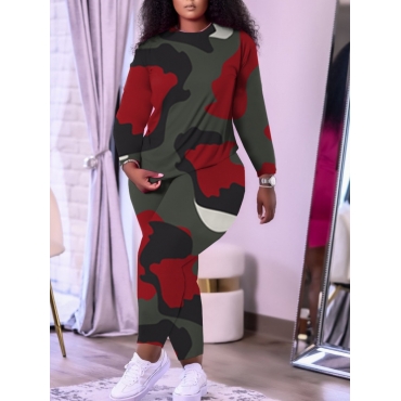 

LW Plus Size Round Neck Camo Print Pants Set, Red
