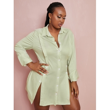 

LW Plus Size Button Design Slit Shirt Dress, Cream-colored