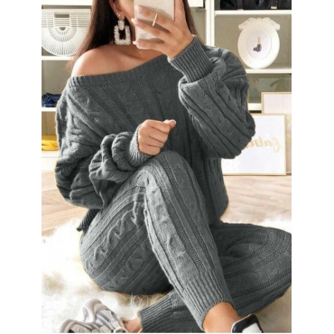

LW Sweater Drop Shoulder Cable Knit Pants Set, Grey