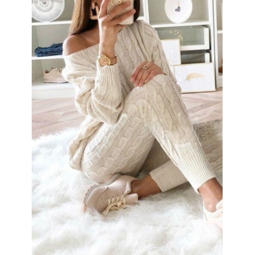 

LW Sweater Drop Shoulder Cable Knit Pants Set, Beige