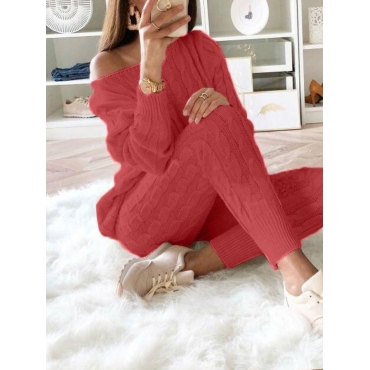 

LW Sweater Drop Shoulder Cable Knit Pants Set, Watermelon red