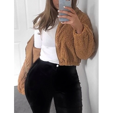 

LW BASICS Hooded Collar Zipper Design Teddy Coat, Caramel color