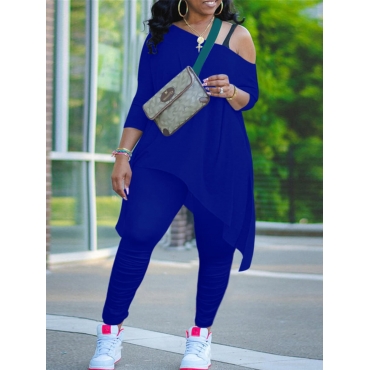 

LW Plus Size Asymmetrical Fold Design Pants Set, Blue