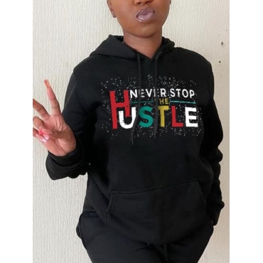 

LW BASICS Letter Print Kangaroo Pocket Hoodie, Black