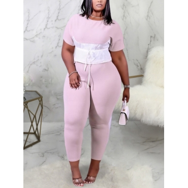 

LW Plus Size Drawstring High-waisted Pants Set, Light pink