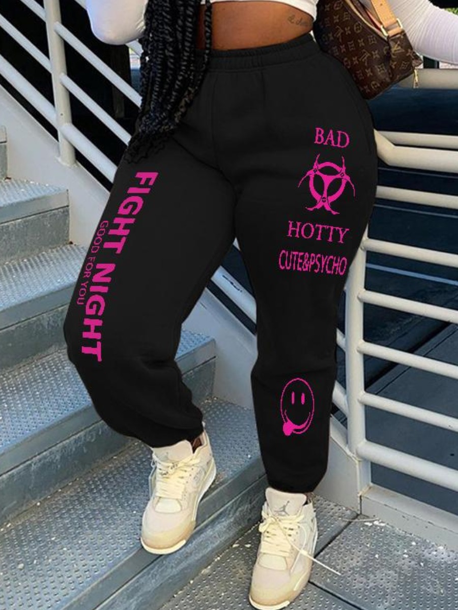 

LW Letter Print Drawstring Sweatpants, Black